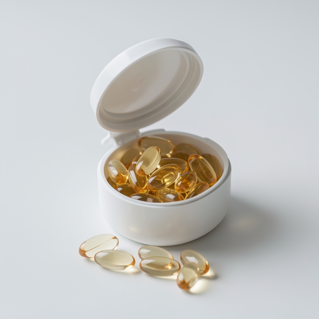 Balenie omega-3 doplnku s otvoreným viečkom a úhľadne uloženými softgélmi